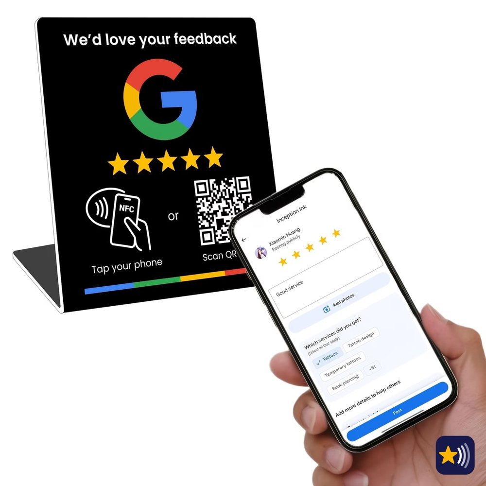Placa Grande Plataforma toka de reseñas Google (negra)